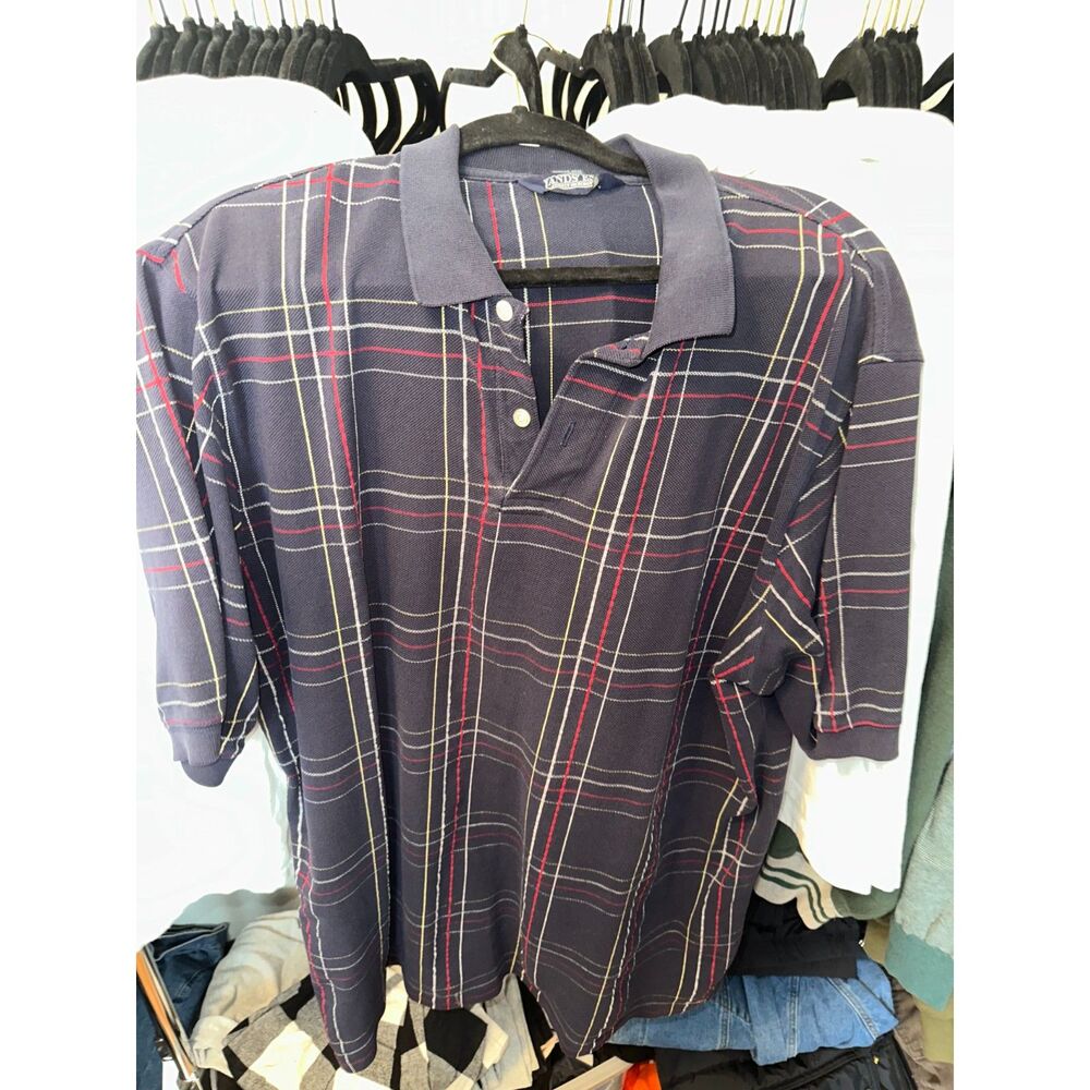 Men's Polo Navy L Land's End Tee Shirt Red Yellow Stripes